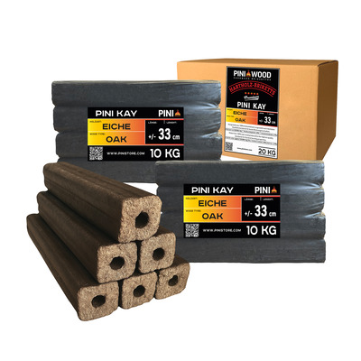 20 kg PINI Kay Briquettes en bois de chêne Carrées 33 cm de long Avec trou de traction Briquettes de bois de chêne - Cheminée, four, foyer, barbecue 