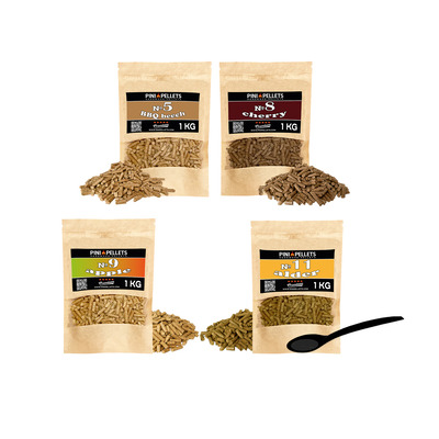 Set de 4 sacs de 1 kg de granulés de bois naturel pour fumoir Choix parmi 4 variétés : granulés de hêtre n° 5, granulés de cerisier n° 8, granulés de pommier n° 9, granulés d'aulne n° 11 - bois d'une seule essence 