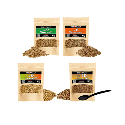 Set de 4 sacs de 1 kg de granulés de bois naturel pour barbecue et grillades Choix parmi 4 variétés : granulés de chêne n° 2, granulés aux épices pour barbecue n° 6, granulés de pommier n° 9, granulés mélangés de hêtre et d'aulne n° 10 - arôme naturel 