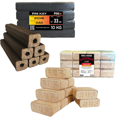 Set Premium de Briquettes de Bois PINI – RUF Hêtre 10 kg + PINI KAY Chêne 33 cm 10 kg 