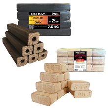 Set Premium de Briquettes de Bois PINI – RUF Hêtre 10 kg + PINI KAY Chêne 23 cm 7,5 kg 