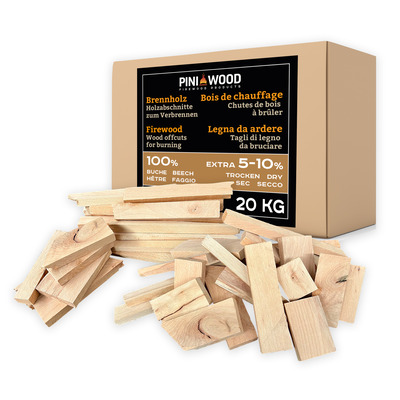 PINI Chutes de Bois de Chauffage 100% Hêtre Séché au Four 20 kg pour Cheminée, Brasero, Poêle et Barbecue 