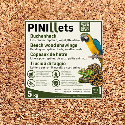 PINI Copeaux de hêtre 5 kg / 20 L, substrat moyen, hygiénique et peu poussiéreux pour reptiles, oiseaux et petits animaux, terrariums, volières et élevages, à haute capacité d’absorption 