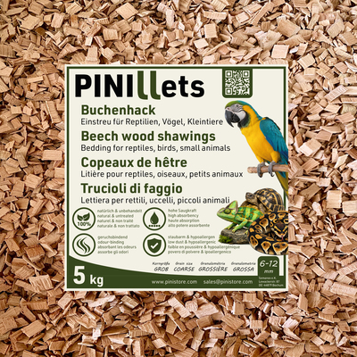 PINI Copeaux de hêtre 5 kg / 20 L – Substrat grossière, hygiénique et peu poussiéreux pour reptiles, oiseaux et petits animaux, terrariums, volières et élevages, à haute capacité d’absorption 