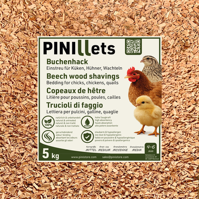 PINI Copeaux de Hêtre 5 kg Litière Hygiénique Sans Poussière Granulométrie Moyenne pour Poussins, Poules, Cailles et Poulaillers, Haute Capacité d’Absorption 