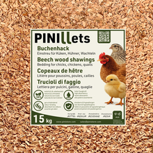 PINI Copeaux de Hêtre 15 kg Litière Hygiénique Sans Poussière Granulométrie Moyenne pour Poussins, Poules, Cailles et Poulaillers, Haute Capacité d’Absorption 