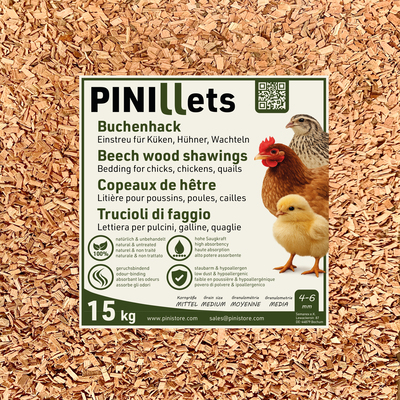 PINI Copeaux de Hêtre 15 kg Litière Hygiénique Sans Poussière Granulométrie Moyenne pour Poussins, Poules, Cailles et Poulaillers, Haute Capacité d’Absorption 