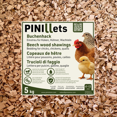 PINI Copeaux de Hêtre 5 kg Litière Hygiénique Sans Poussière Granulométrie Grossière pour Poussins, Poules, Cailles et Poulaillers, Haute Capacité d’Absorption 
