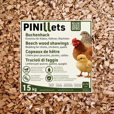 PINI Copeaux de Hêtre 15 kg Litière Hygiénique Sans Poussière Granulométrie Grossière pour Poussins, Poules, Cailles et Poulaillers, Haute Capacité d’Absorption 