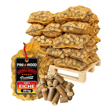 PINI Hartholzbriketts 100% Eiche in Raschelsäcken 500 kg Palette Kamin Grill 