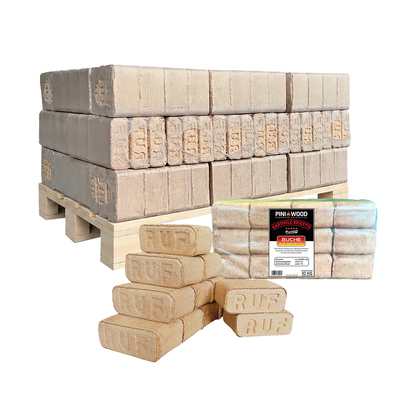 PINI RUF Holzbriketts 100% Buche 300 kg Palette Harholz Briketts für Kamin Ofen Grill Feuerschale 