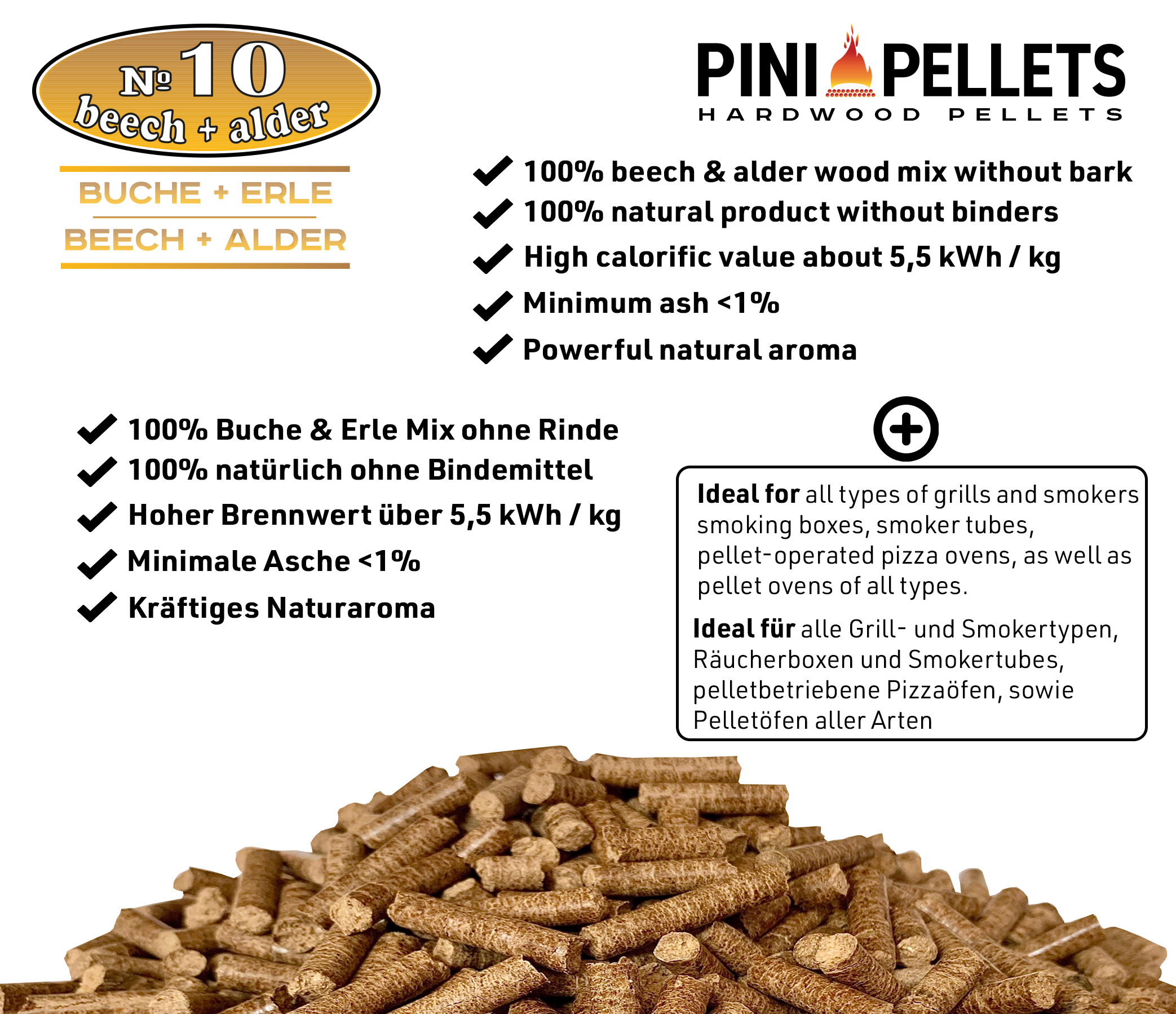 №10 Hartholz Pellets Buche Erle Mix 1,5 Kg Grillpellets zum Grillen Räuchern Smoken und für Pizzaofen 